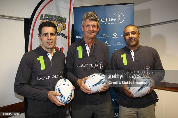 Miguel Indurain, Morne du Plessis and Daley Thompson attend an event to name The Legends Cup Trust rugby project as the latest Laureus-funded project...