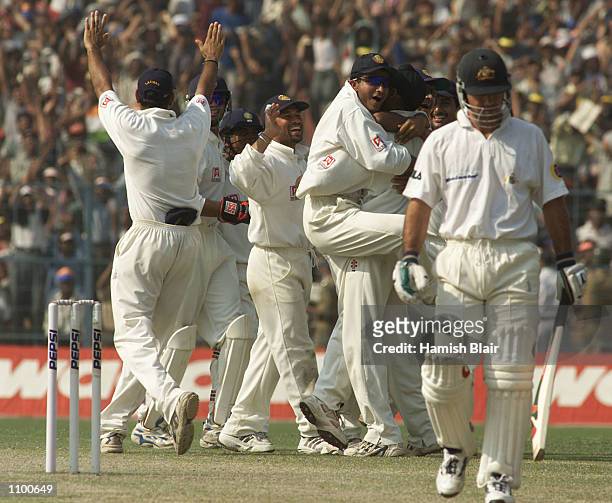 The Indians celebrate the wicket of Ricky Ponting of Australia, caught by SS Das off the bowlng of Harbhajan Singh, during day five of the 2nd Test...