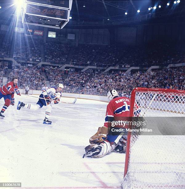 Edmonton Oilers Wayne Gretzky in action, shot vs Montreal Canadiens goalie Rick Wamsley at Northlands Coliseum.Edmonton, Canada 2/5/1983CREDIT: Manny...