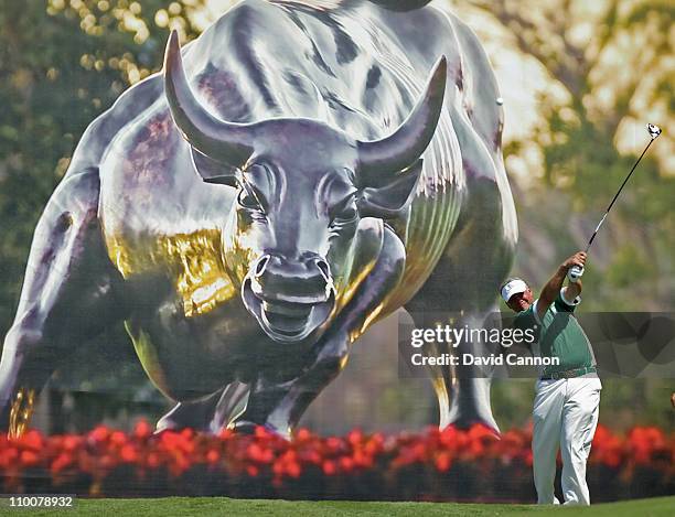 Darren Clarke of Northern Ireland and the Queenwood Club tees off at the 7th hole during the first day of the 2011 Tavistock Cup at Isleworth Golf...