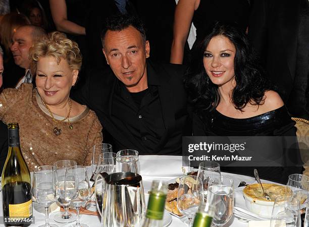 Bette Midler, Bruce Springsteen and Catherine Zeta-Jones attend a dinner for the 26th annual Rock and Roll Hall of Fame Induction Ceremony at The...