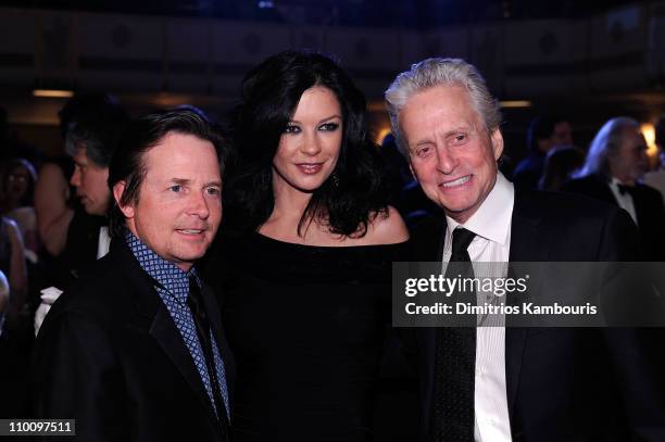 Actors Michael J Fox, Catherine Zeta-Jones and Michael Douglas attend a dinner for the 26th annual Rock and Roll Hall of Fame Induction Ceremony at...