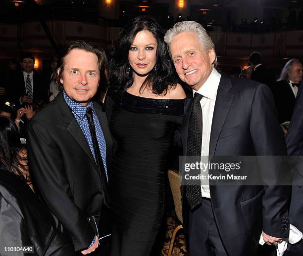 Michael J Fox, Catherine Zeta-Jones and Michael Douglas attends a dinner for the 26th annual Rock and Roll Hall of Fame Induction Ceremony at The...
