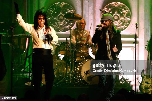 Inductee Alice Cooper performs with Rob Zombie onstage at the 26th annual Rock and Roll Hall of Fame Induction Ceremony at The Waldorf=Astoria on...