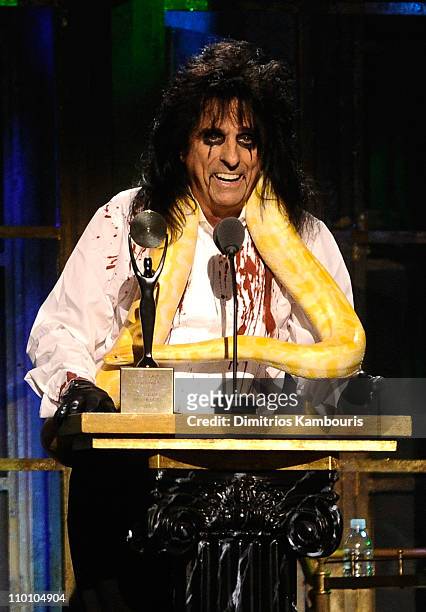 Inductee Alice Cooper performs onstage at the 26th annual Rock and Roll Hall of Fame Induction Ceremony at The Waldorf=Astoria on March 14, 2011 in...