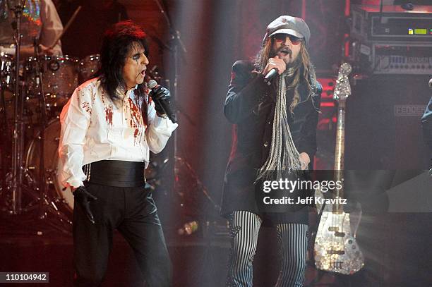 Inductee Alice Cooper and musician Rob Zombie perform onstage at the 26th annual Rock and Roll Hall of Fame Induction Ceremony at The Waldorf=Astoria...