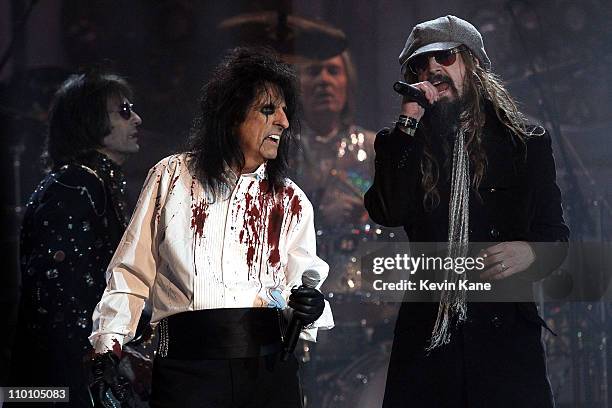 Inductee Alice Cooper performs with Rob Zombie onstage at the 26th annual Rock and Roll Hall of Fame Induction Ceremony at The Waldorf=Astoria on...