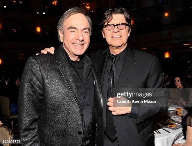 Neil Diamond and Robbie Robertson attends a dinner for the 26th annual Rock and Roll Hall of Fame Induction Ceremony at The Waldorf=Astoria on March...