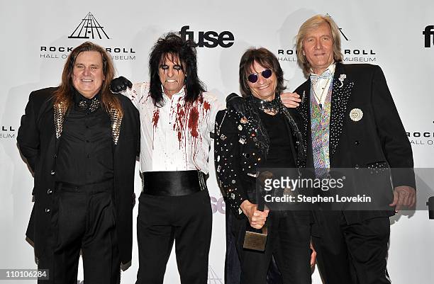 Inductees Michael Bruce, Alice Cooper, Dennis Dunaway, Neal Smith and Michael Bruce of Alice Cooper Band pose in the press room at the 26th annual...