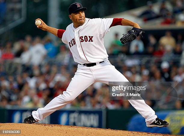 Pitcher Alfredo Aceves of the Boston Red Sox pitches against the New York Yankees during a Grapefruit League Spring Training Game at City of Palms...