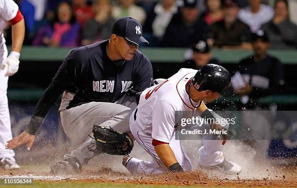 Infielder Marco Scutaro of the Boston Red Sox scores a run as pitcher Dellin Betances of the New York Yankees is late with the tag during a...