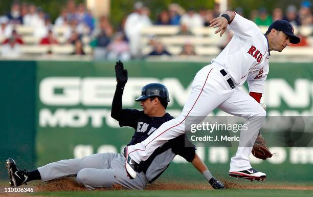 Shortstop Marco Scutaro of the Boston Red Sox takes the throw as infielder Ramiro Pena of the New York Yankees steals second during a Grapefruit...