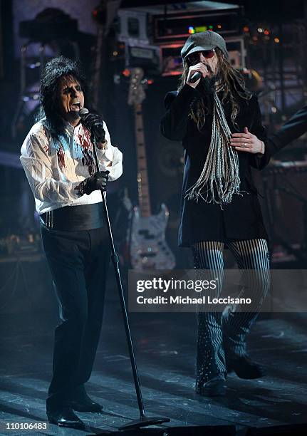 Inductee Alice Cooper and musician Rob Zombie perform onstage at the 26th annual Rock and Roll Hall of Fame Induction Ceremony at The Waldorf=Astoria...