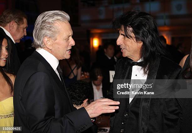 Michael Douglas and Alice Cooper attend a dinner for the 26th annual Rock and Roll Hall of Fame Induction Ceremony at The Waldorf=Astoria on March...