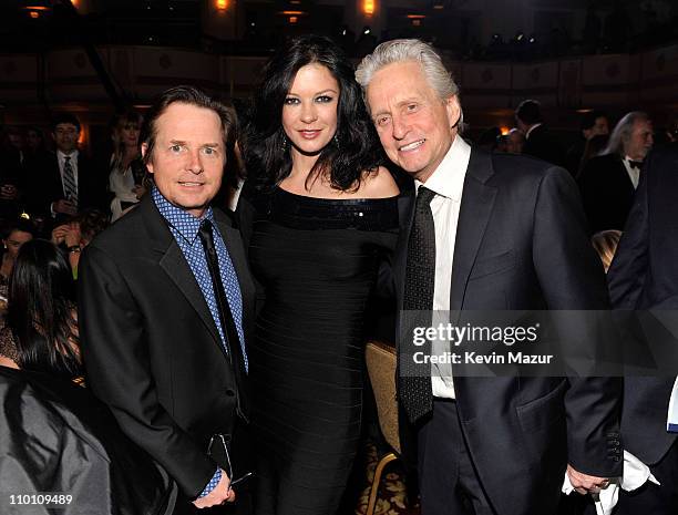 Michael J Fox, Catherine Zeta-Jones and Michael Douglas attends a dinner for the 26th annual Rock and Roll Hall of Fame Induction Ceremony at The...