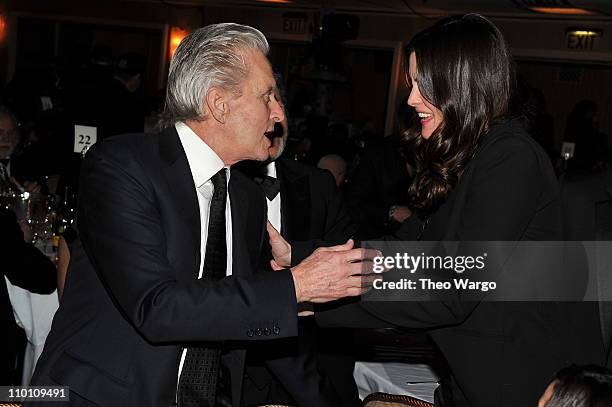 Actors Michael Douglas and Liv Tyler attend a dinner for the 26th annual Rock and Roll Hall of Fame Induction Ceremony at The Waldorf=Astoria on...