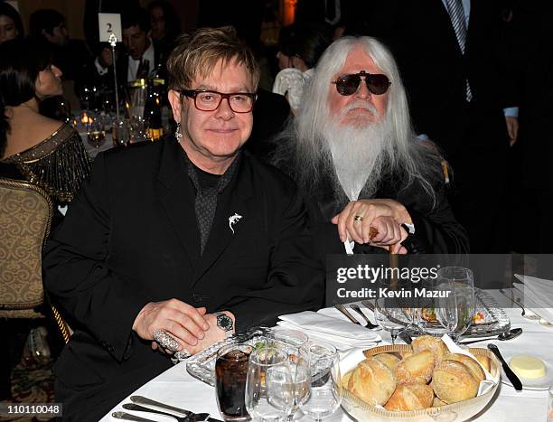 Elton John and inductee Leon Russell attends a dinner for the 26th annual Rock and Roll Hall of Fame Induction Ceremony at The Waldorf=Astoria on...
