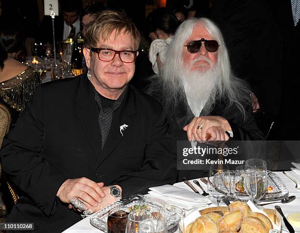 Elton John and inductee Leon Russell attends a dinner for the 26th annual Rock and Roll Hall of Fame Induction Ceremony at The Waldorf=Astoria on...