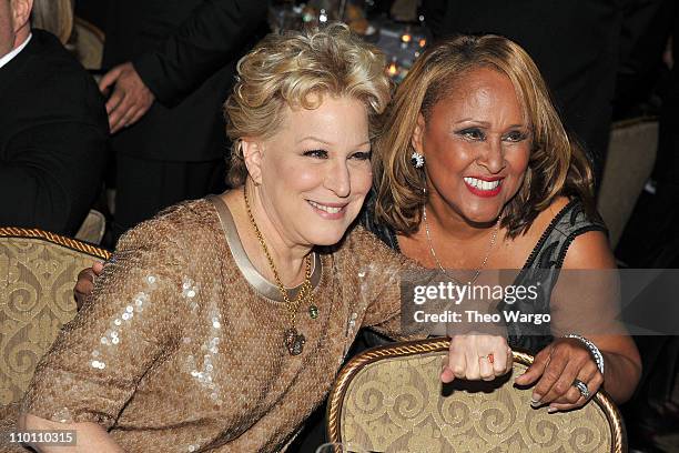 Presenter Bette Midler and Indutee Darlene Love attend a dinner for the 26th annual Rock and Roll Hall of Fame Induction Ceremony at The...