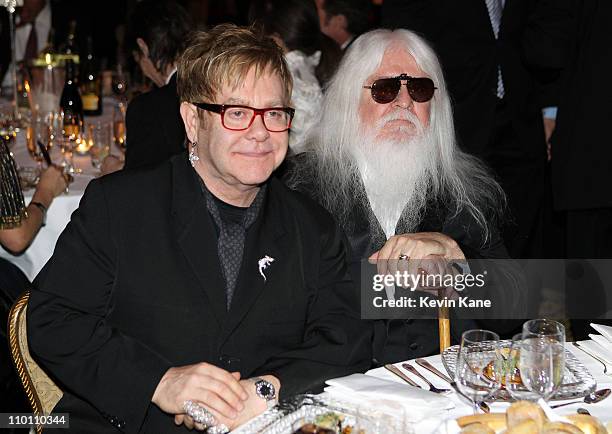 Presenter Elton John and inductee Leon Russell attend the 26th annual Rock and Roll Hall of Fame Induction Ceremony at The Waldorf=Astoria on March...