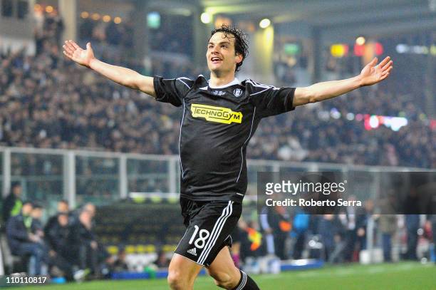 Marco Parolo of Cesena celebrates scoring a goal during the Serie A match between AC Cesena and Juventus FC at Dino Manuzzi Stadium on March 12, 2011...