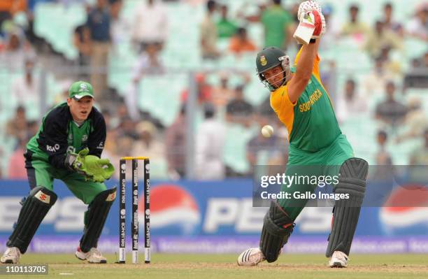 Niall O'Brien of Ireland and Jacques Kallis of South Africa during the 2011 ICC World Cup Group B match between Ireland and South Africa at Eden...