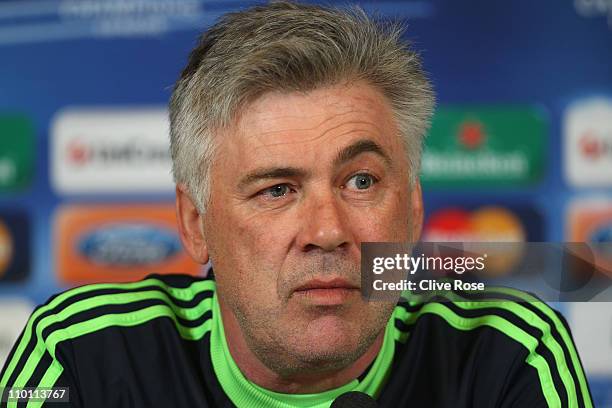 Carlo Ancelotti of Chelsea talks to the media during a press conference prior to the UEFA Champions League round of 16 second leg match between...