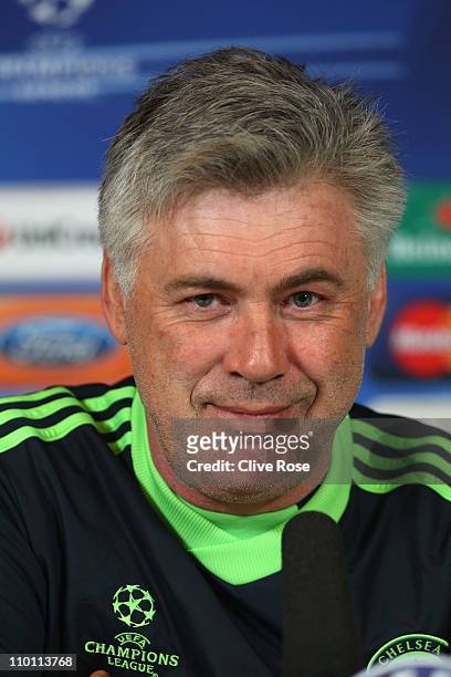 Carlo Ancelotti of Chelsea talks to the media during a press conference prior to the UEFA Champions League round of 16 second leg match between...