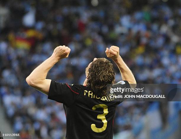Germany's defender Arne Friedrich celebrates scoring goal number 3 during the 2010 World Cup quarter-final football match Argentina vs. Germany on...