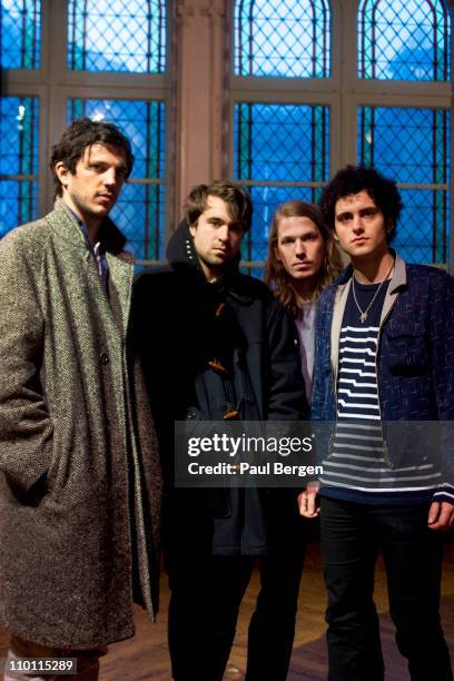 Pete Robertson, Justin Young and Anri Hjorvar and Freddie Cowan of The Vaccines pose for a portrait backstage at Paradiso on February 26, 2011 in...