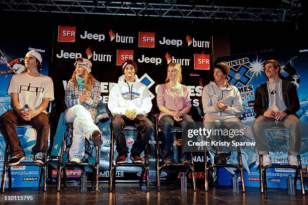 Bobby Brown, Gretchen Bleiler, Kevin Rolland, Sarah Burke, Xavier Bertoni and Mathieu Crepel attend the Winter X Games press conference held at the...