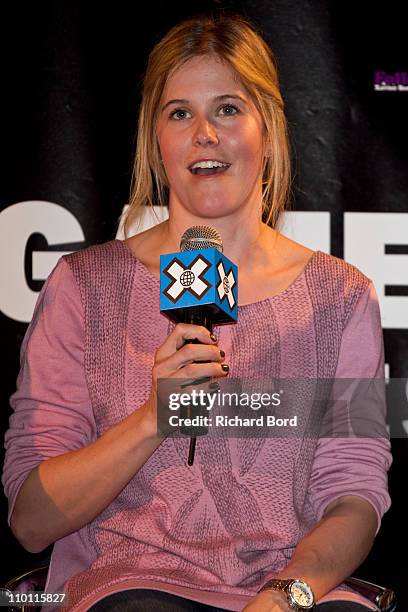 Superpipe ski rider Sarah Burke of Canada gives a press conference at Hotel Diva during the European Winter X-Games on March 15, 2011 in Tignes,...