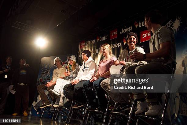 Bobby Brown of USA, Gretchen Bleiler of USA, Kevin Rolland of France, Sarah Burke of Canada, Xavier Bertoni of France and Mathieu Crepel of France...