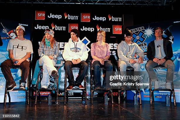 Bobby Brown, Gretchen Bleiler, Kevin Rolland, Sarah Burke, Xavier Bertoni and Mathieu Crepel attend the Winter X Games press conference held at the...