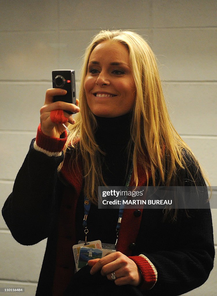 US skier Lindsay Vonn takes a picture ba