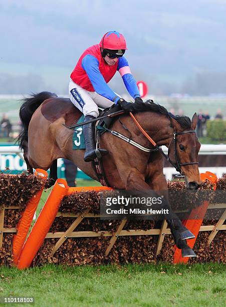 Ruby Walsh and Quevega clear the last on their way to victory in the David Nicholson Mares' Hurdle at Cheltenham Racecourse on March 15, 2011 in...
