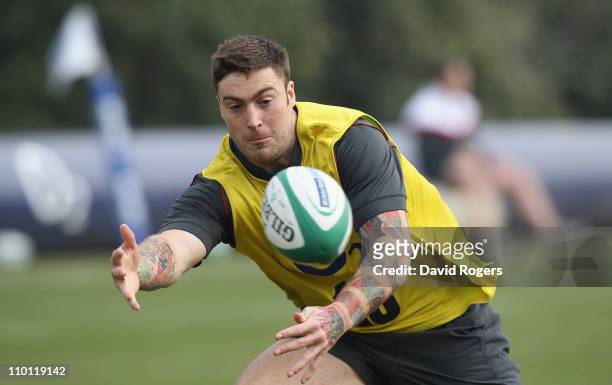 Matt Banahan catches the ball during the England training session held at Pennyhill Park Hotel on March 15, 2011 in Bagshot, England.