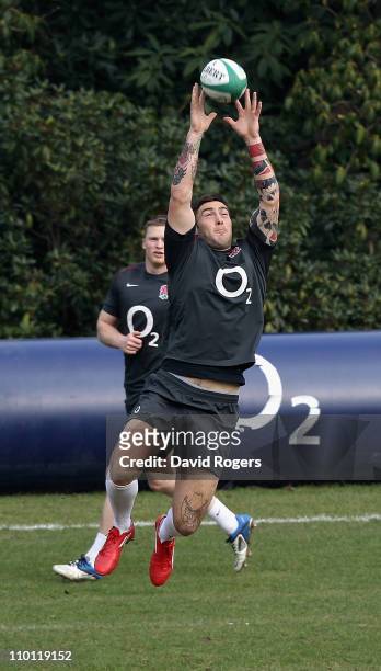 Matt Banahan catches the ball during the England training session held at Pennyhill Park Hotel on March 15, 2011 in Bagshot, England.