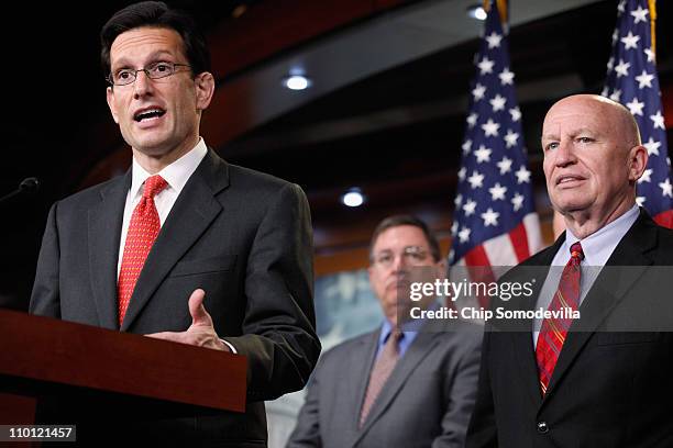 House Majority Leader Eric Cantor speaks during a news conference with House Joint Economic Committee ranking member U.S. Rep. Kevin Brady and U.S....