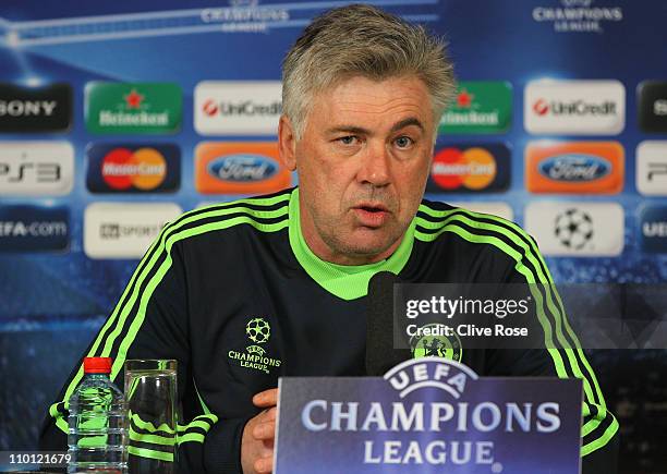 Carlo Ancelotti of Chelsea talks to the media during a press conference prior to the UEFA Champions League round of 16 second leg match between...