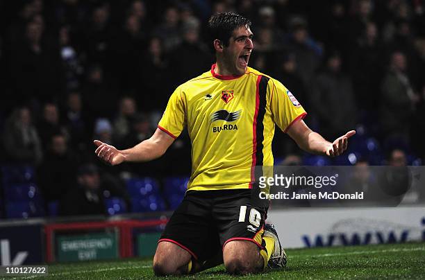 Danny Graham celebrates is goal for Watford during the npower Championship match between Ipswich Town and Watford at Portman Road on March 15, 2011...