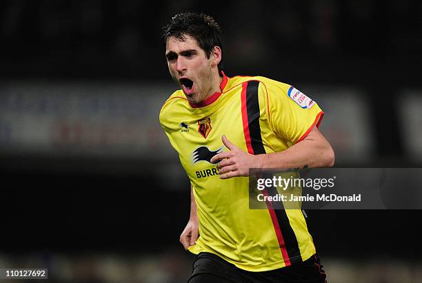 Danny Graham celebrates is goal for Watford during the npower Championship match between Ipswich Town and Watford at Portman Road on March 15, 2011...