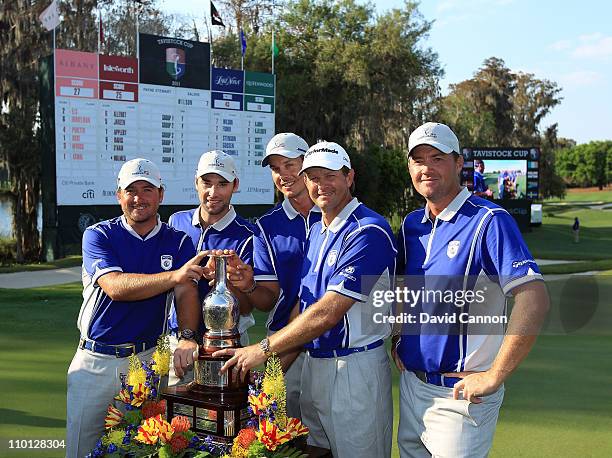 Members of the victorious Lake Nona Team after the second day of the 2011 Tavistock Cup at Isleworth Golf and Country Club on March 15, 2011 in...
