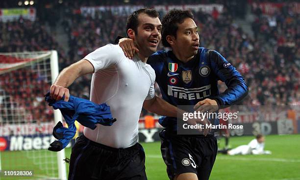 Goran Pandev of Milan celebrates after he scores his team's 3rd goal during the UEFA Champions League round of 16 second leg match between FC Bayern...