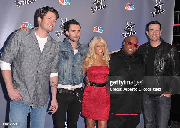 Singer Blake Shelton, singer Adam Levine, singer Christina Aguilera, singer Cee Lo Green and host Carson Daly arrive at NBC's press conference for...