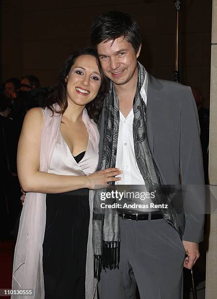 Baerbel Schleker and partner Sebastian Stolz attend the 'Deutscher Hoerfilmpreis 2011' at the Atrium Deutsche Bank on March 15, 2011 in Berlin,...