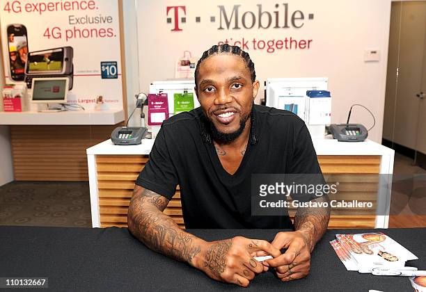 Udonis Haslem attends the T-Mobile celebration of the partnership with Miami Heat with Tip Off Tuesdays and Meet & Greet with Udonis Haslem at...