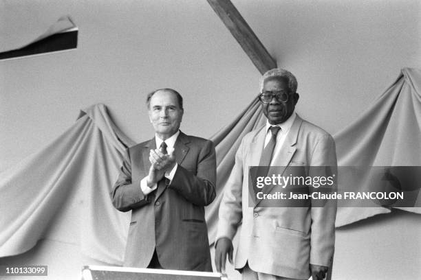 French President Francois Mitterrand and Aime Cesaire, mayor of Fort de France in Martinique, West Indies on April 27, 1988.