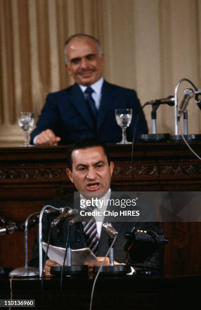 King Hussein of Jordan in Cairo,Egypt on December 2nd,1984 - Egyptian President Hosni Mubarak giving a welcome speech to King Hussein.