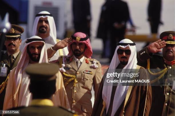 Sheikh Zayed bin Sultan al-Nahyan of Abu Dhabi on the left, Emir of Kuwait Sheikh Jaber al-Ahmad al-Jaber al-Sabah on the right in Kuwait City,...